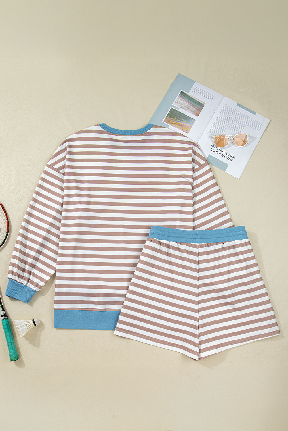 Khaki Stripe Contrast Edge Pullover and Shorts Plus Size Set