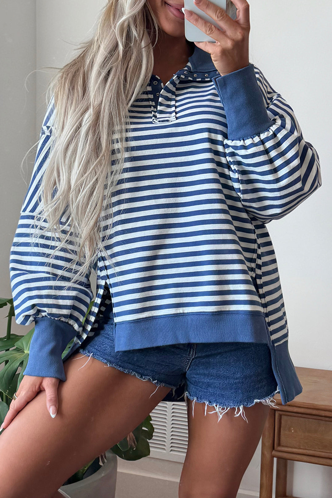 Blue Stripe Color Block Trim Raw Seam Split Hem Loose Pullover Sweatshirt