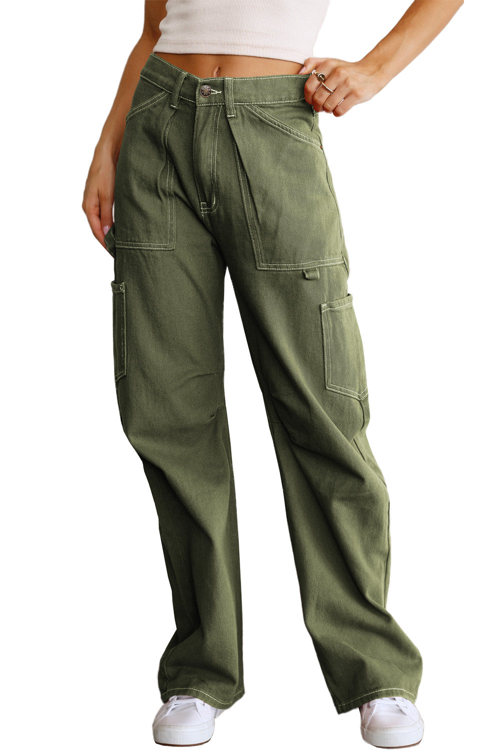 Green High Waist Straight Leg Cargo Pants with Pockets