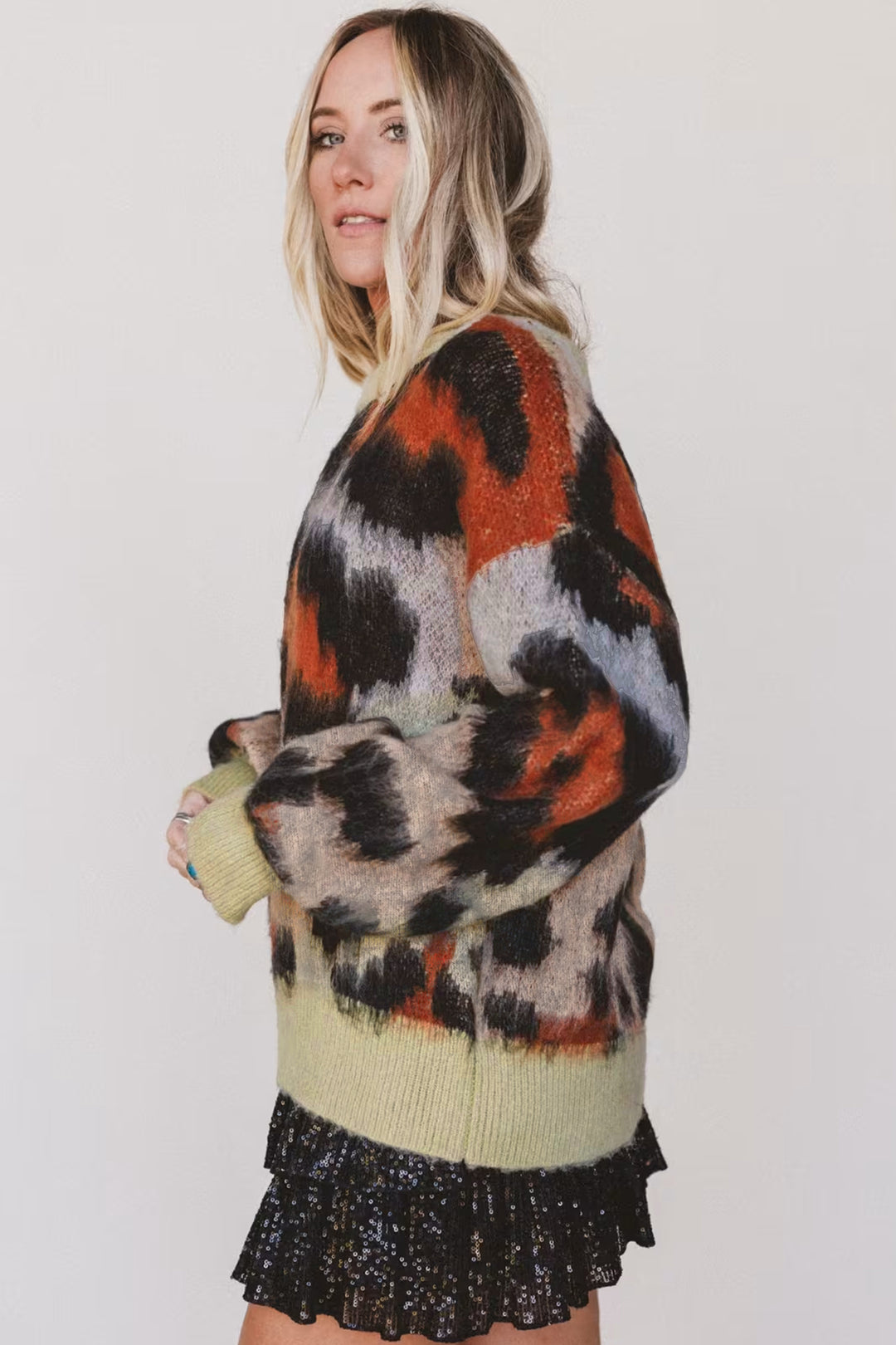 Khaki Leopard Print Long Sleeve Round Neck Sweater