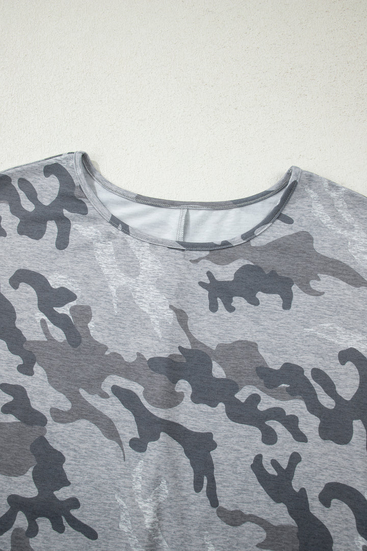 Casual Gray Camouflage Print Round Neck T Shirt
