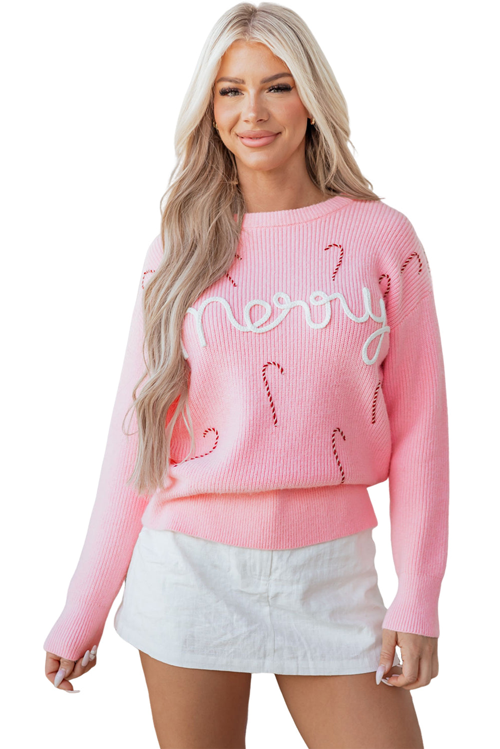 Merry Candy Cane Puffy Knit Crew Neck Sweater