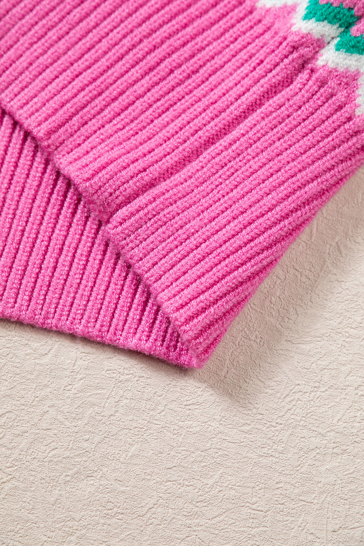 Pink Christmas Holiday Graphic Round Neck Knit Sweater
