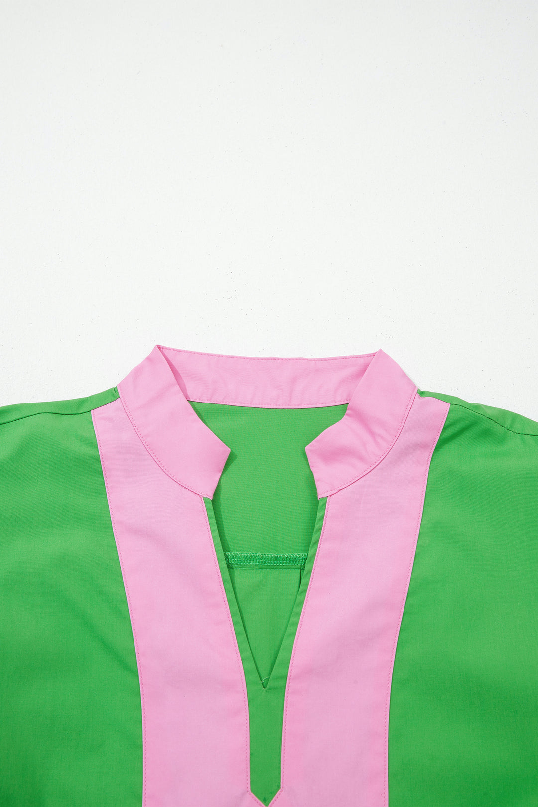 Color Block Detail Split Neck Short Puff Sleeve Ruffle Hem Mini Dress