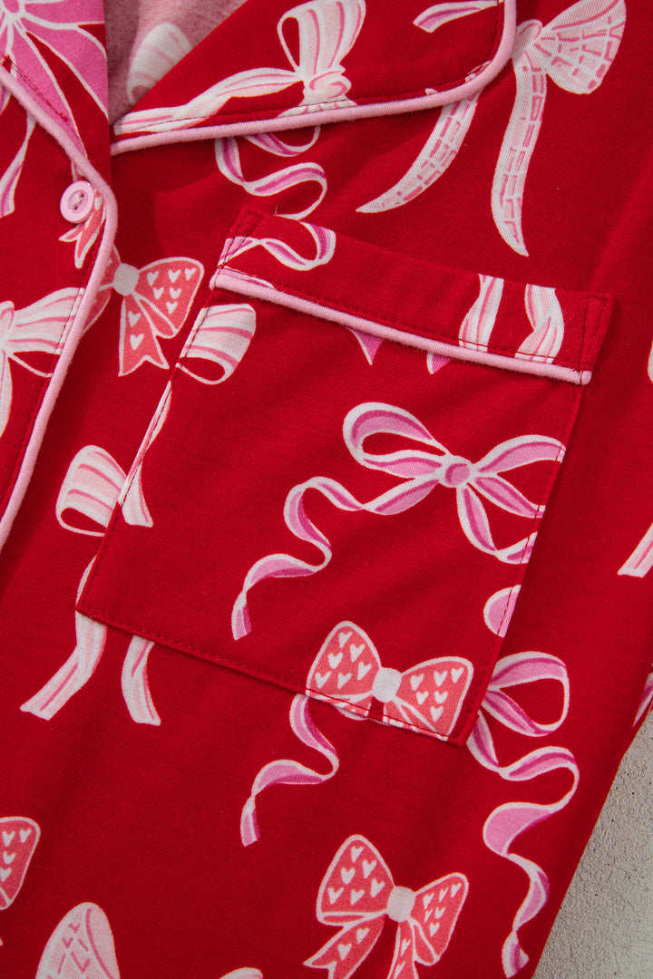 Red Sweet Bow Print Ruffled Short Sleeve Shirt Shorts 2pcs Pajama Set