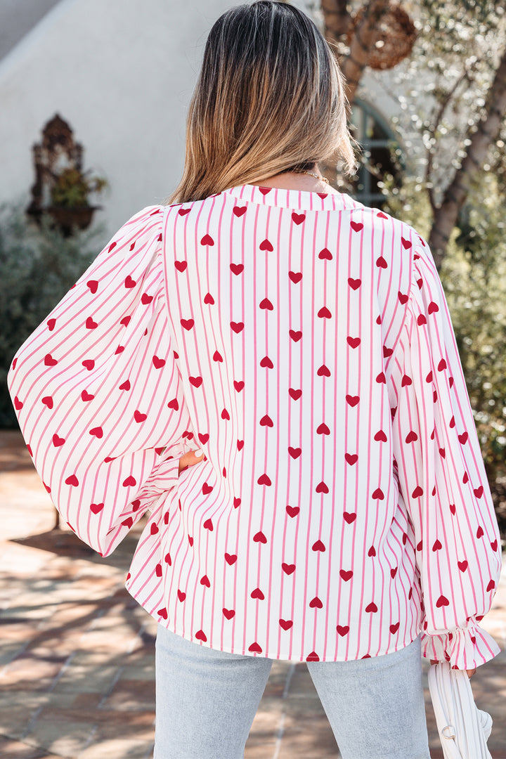 Textured Heart Print Long Flounce Sleeve Shirt