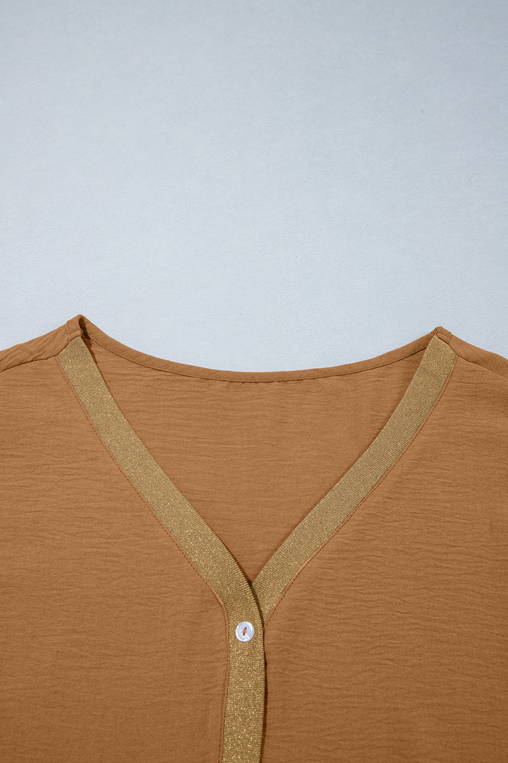Brown V Neck Glitter Trim Patchwork Button-Front Blouse