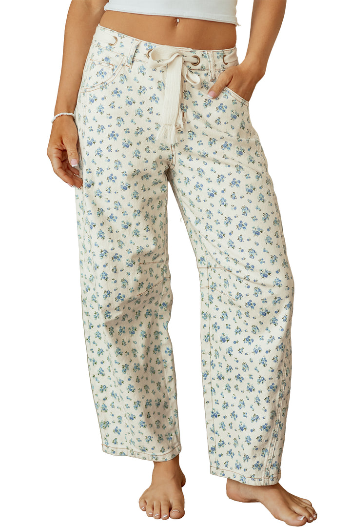 Beige Grommet Knot Waist Floral Barrel Leg Jeans