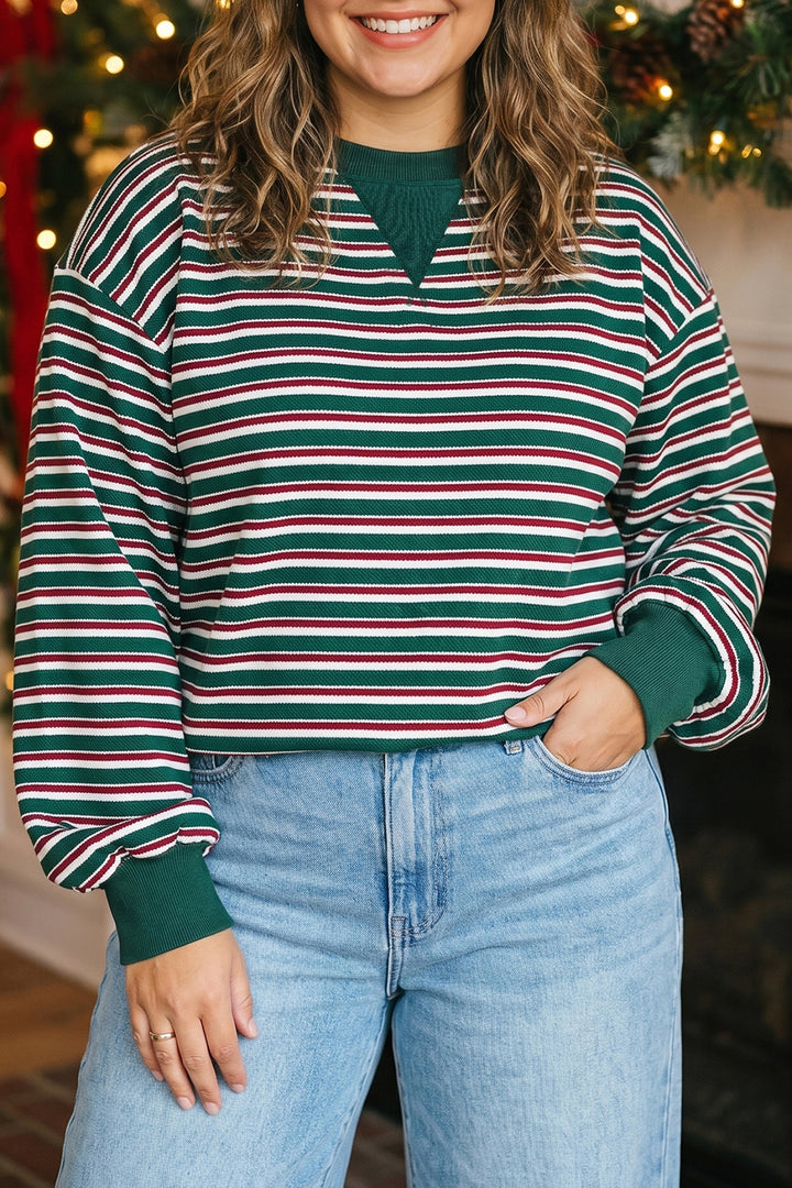 Green Stripe Round Neck Long Sleeve Shift Plus Size Sweatshirt