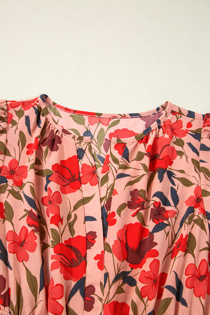 Red Floral Print Wrap V Neck Short Sleeve High Waistband Mini Dress
