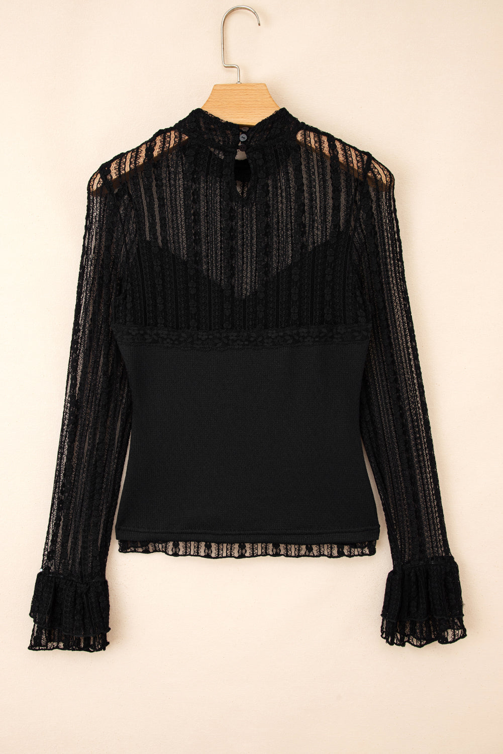 Black Lace Patchwork Flounce Sleeve Slim Fit Top