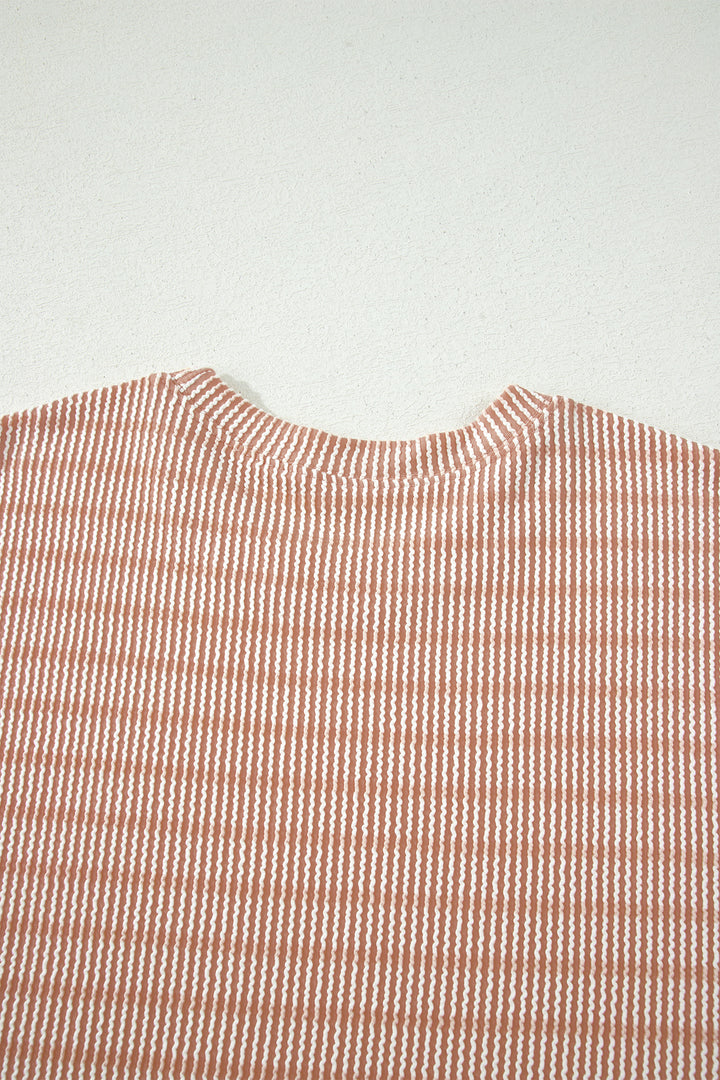 Khaki Stripe Raised Rib Loose Tee Drawstring Elastic Waist 2pcs Short Set