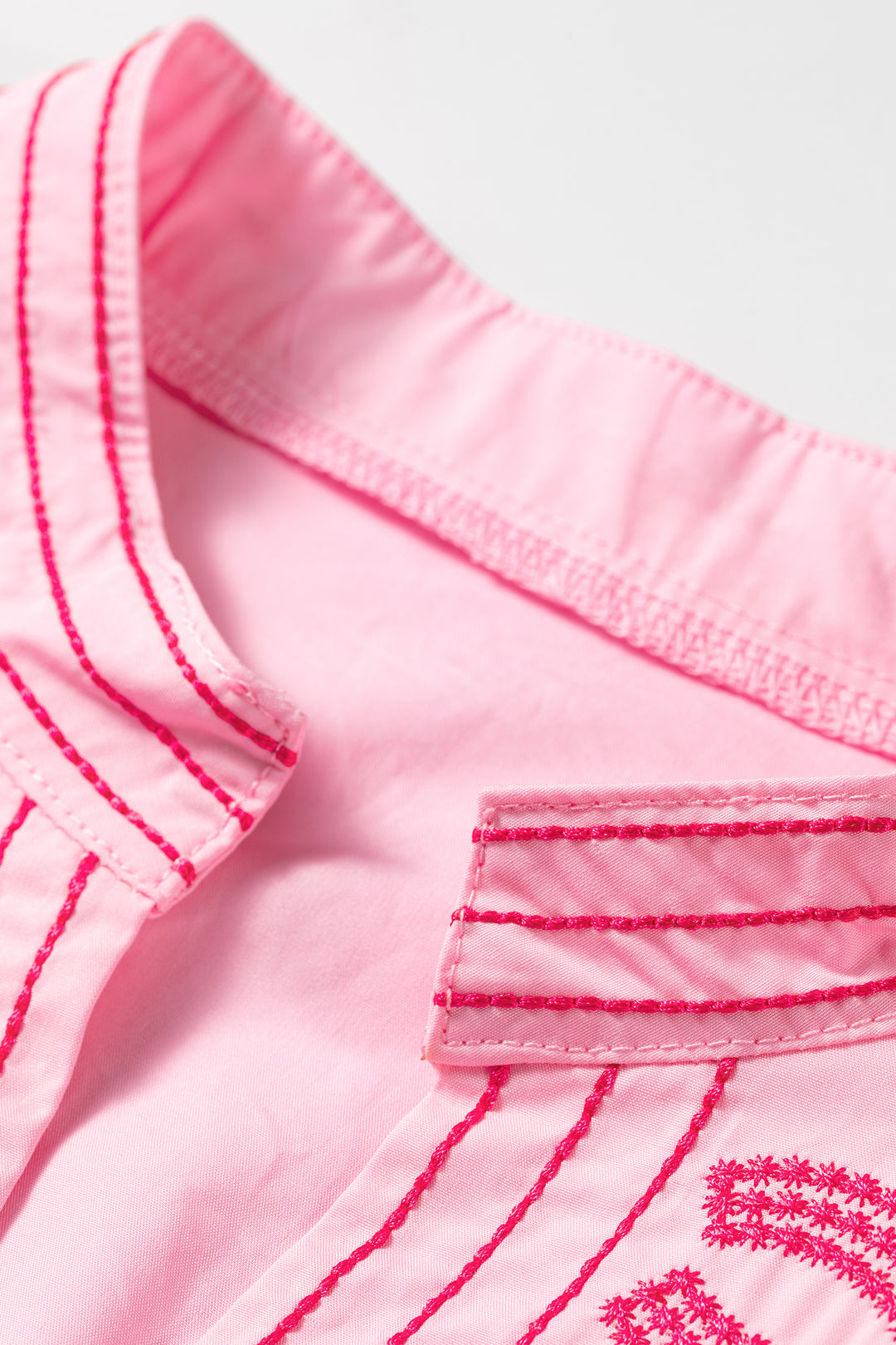 Cute Pink Boho Embroidered Detail Puff Sleeve Cotton Blouse