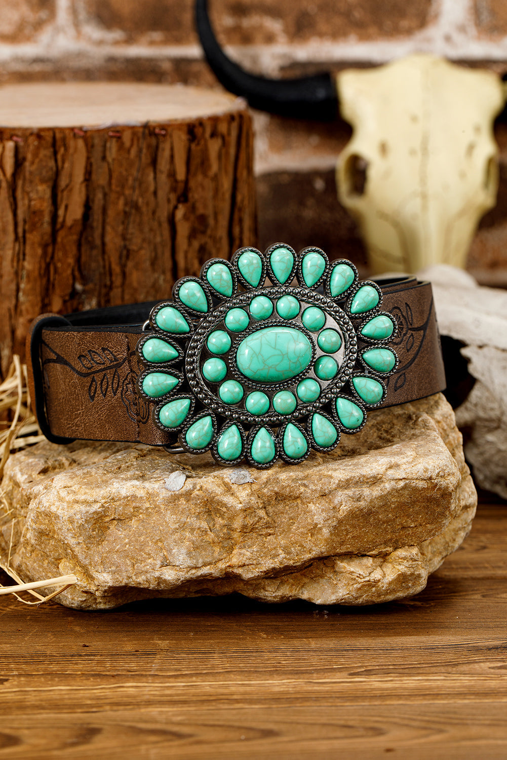 Ceinture en similicuir style western avec pierres précieuses turquoise