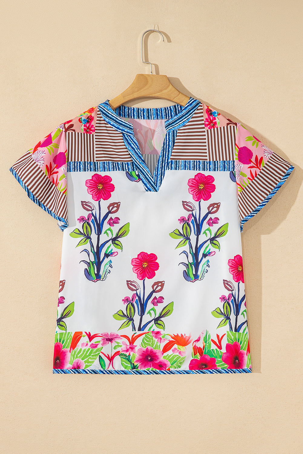 Floral Striped Patchwork Short Sleeve Split Neck Blouse