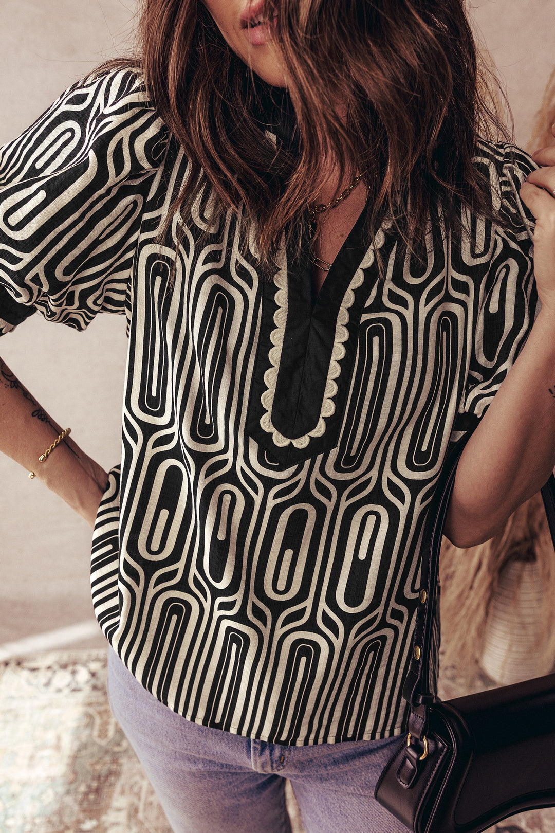 Geometric Print Contrast Scallop Color Block Patchwork Short Sleeve Blouse