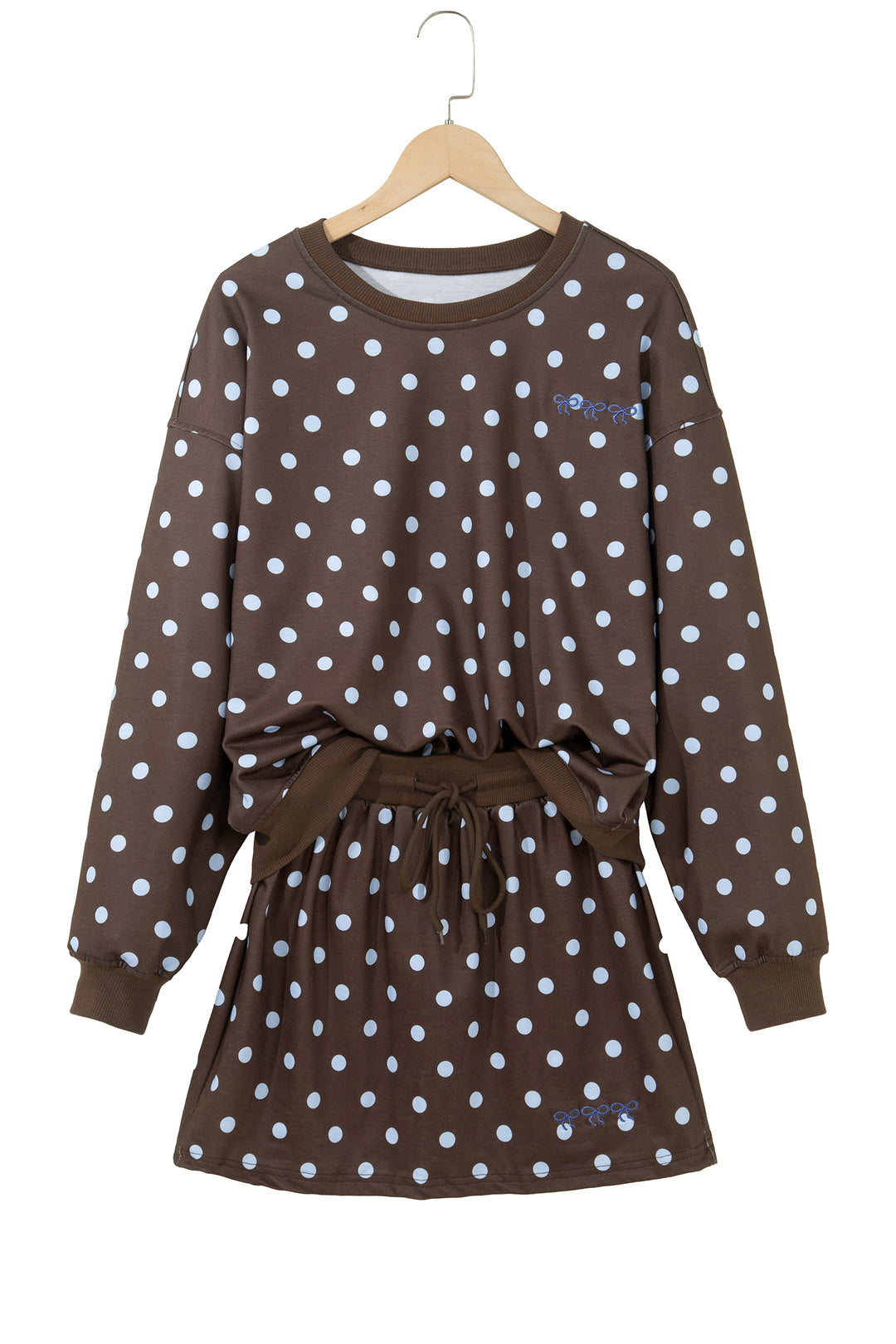 Brown Polka Dot Pullover Embroidered Bow Detail 2pcs Skort Set