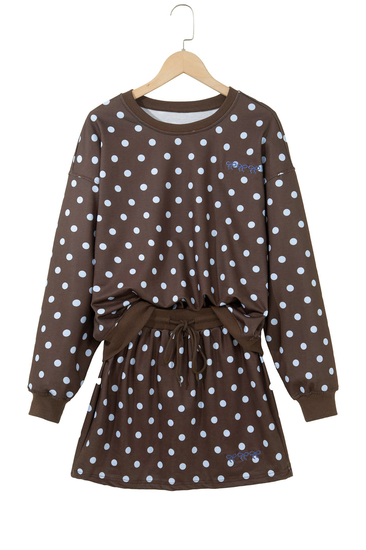Brown Polka Dot Pullover Embroidered Bow Detail 2pcs Skort Set