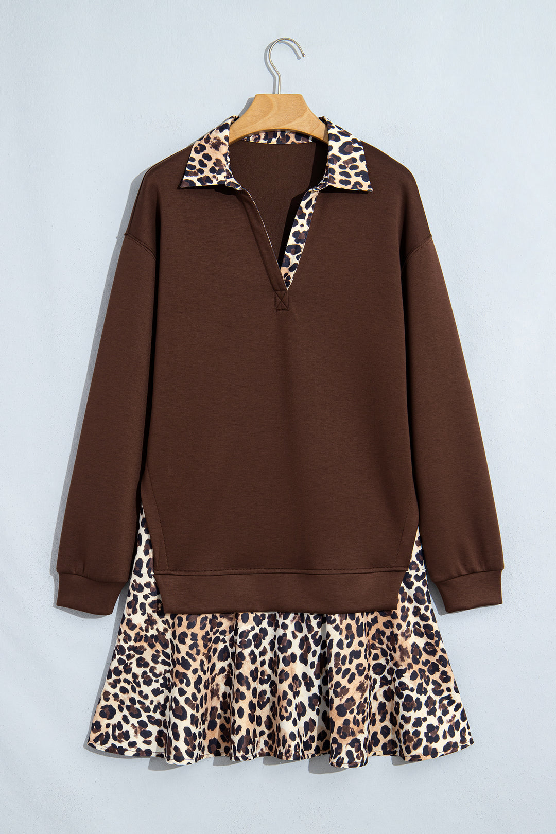 Coffee Leopard Patchwork Collar Autumn Long Sleeve Dress
