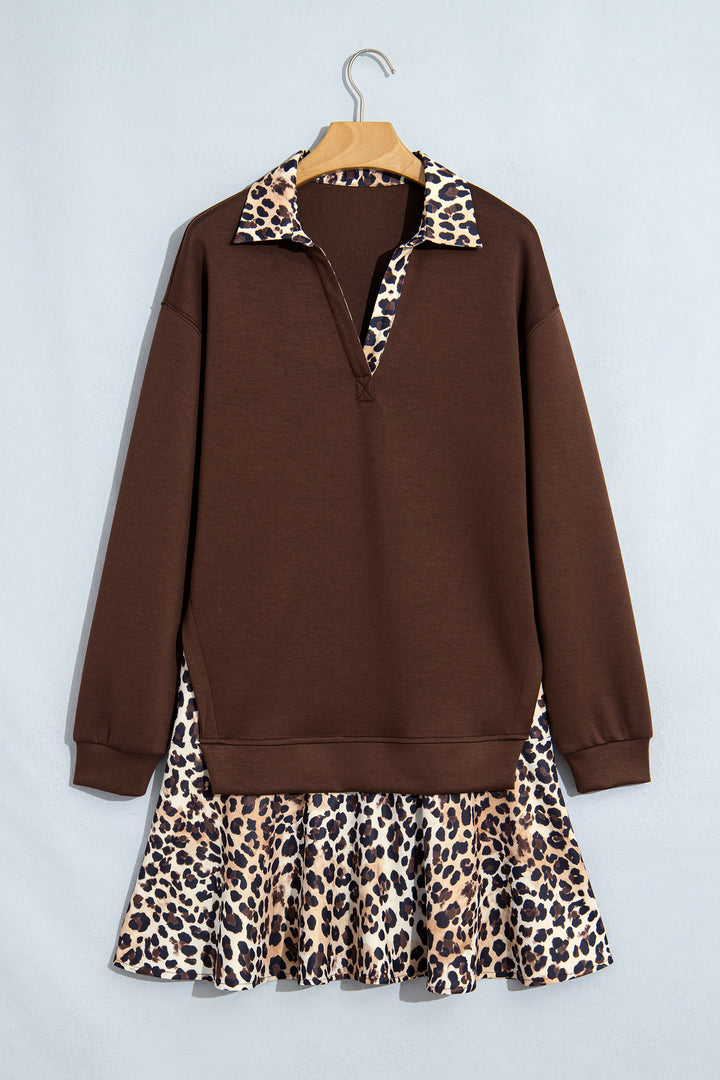 Coffee Leopard Patchwork Collar Autumn Long Sleeve Dress