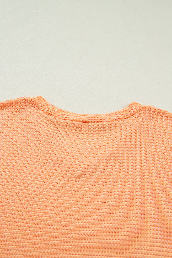 Grapefruit Orange Waffle V Neck Short Sleeve Knit Top