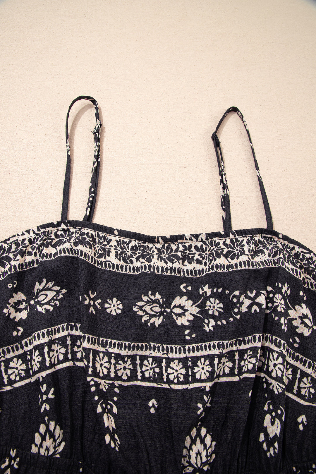 Black Spaghetti Straps Elastic Waist Loose Ethnic Print Jumpsuit