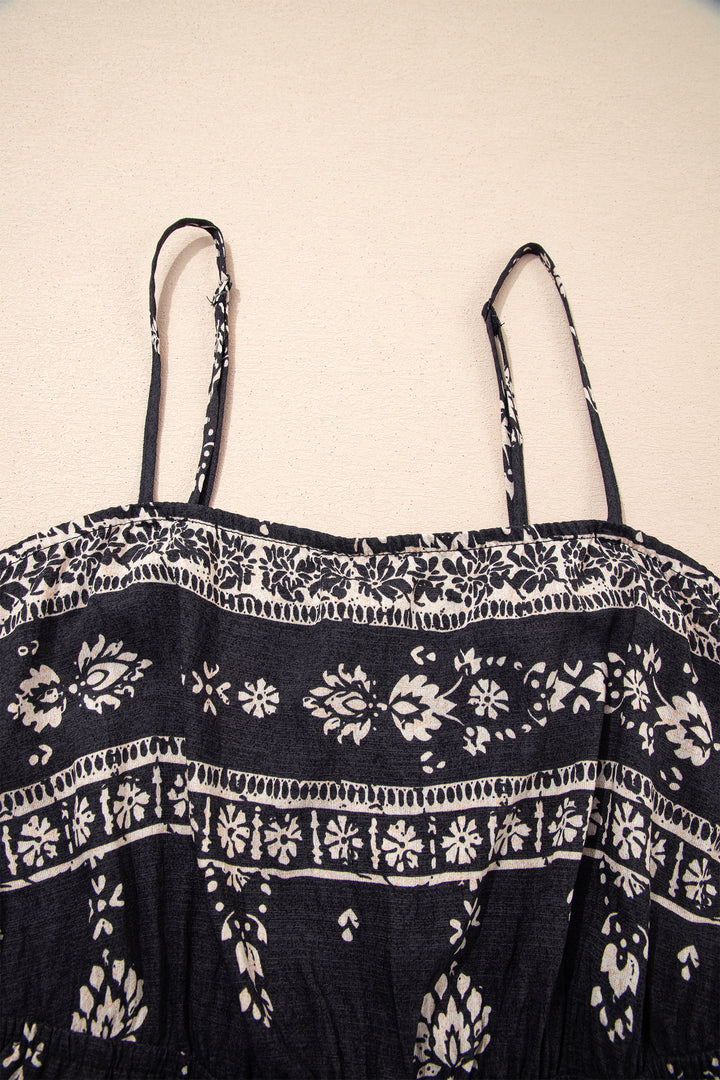 Black Spaghetti Straps Elastic Waist Loose Ethnic Print Jumpsuit