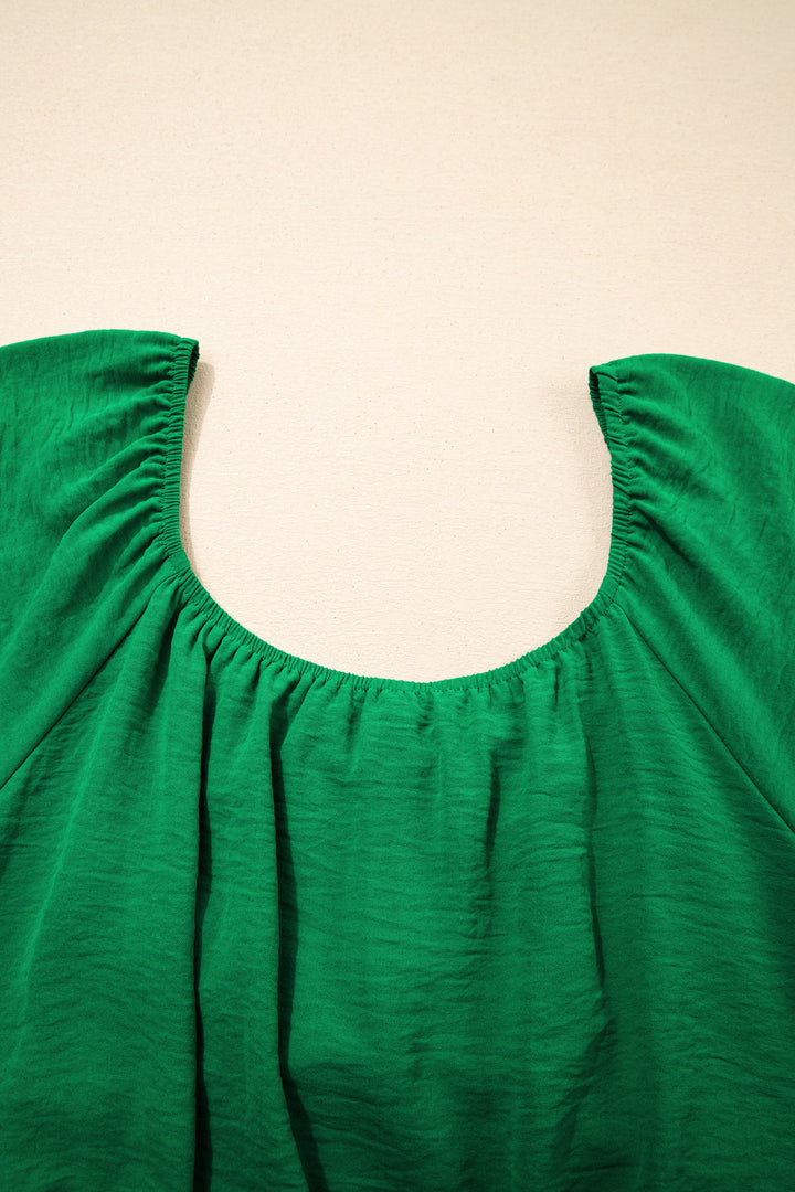 Solid Color Ruched Crossed Waist Tied Back Short Sleeve Peplum Top