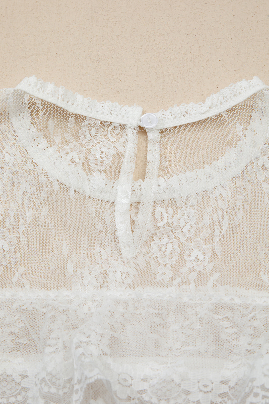 White 2pcs Sheer Floral Lace Ruffle Tiered Patchwork Blouse
