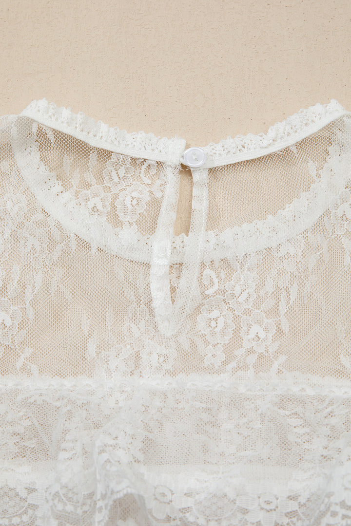 White 2pcs Sheer Floral Lace Ruffle Tiered Patchwork Blouse