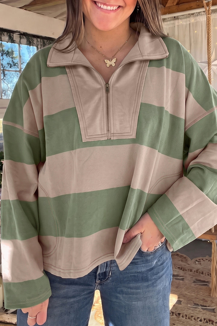 Green Striped Colorblock Zipper Pullover Long Sleeve Loose Top