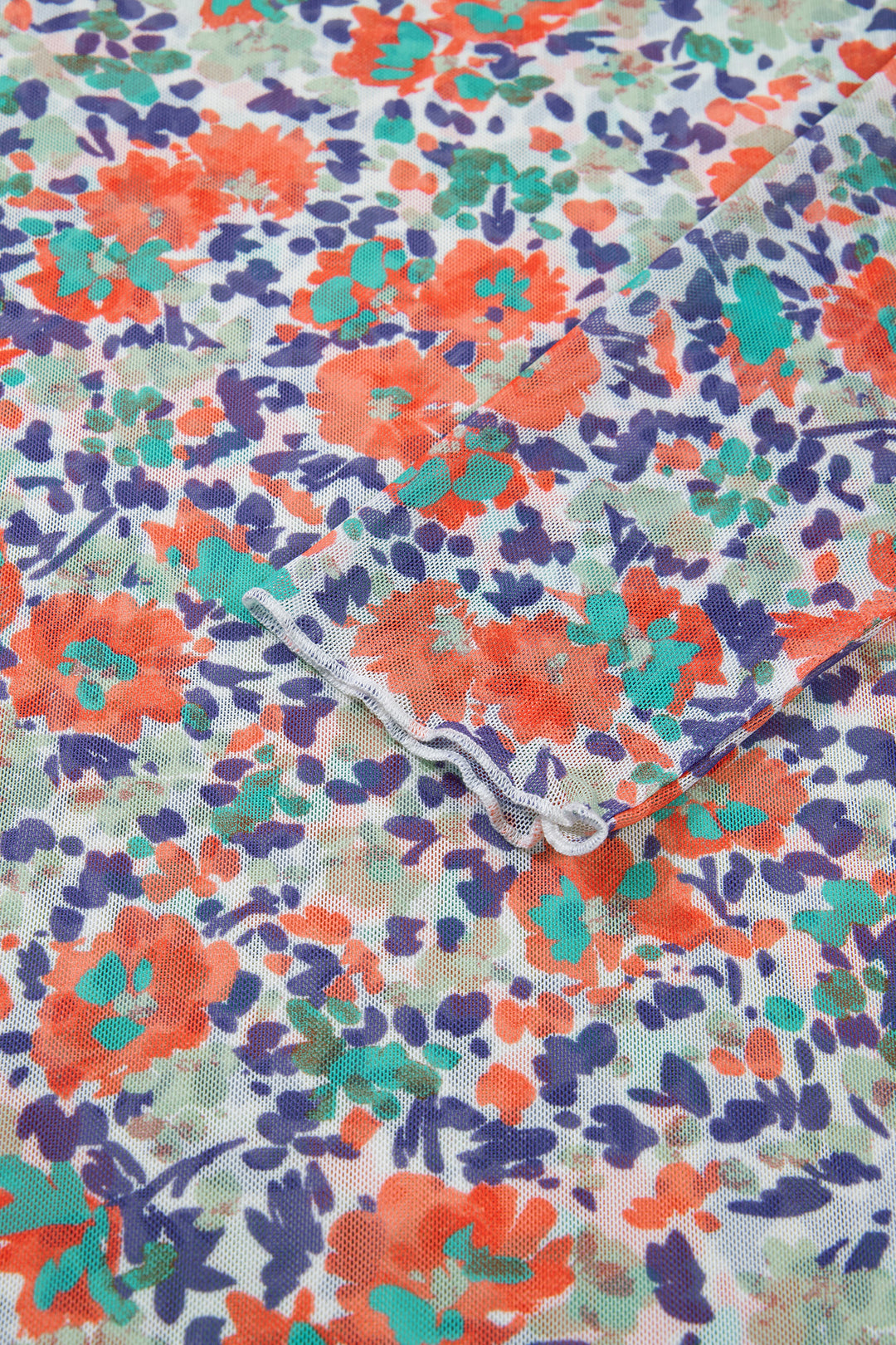 Blue Floral Print Slim Fit Mesh Long Sleeve Mock Neck Top