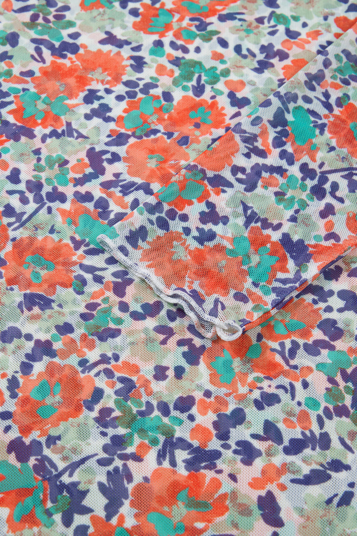 Blue Floral Print Slim Fit Mesh Long Sleeve Mock Neck Top