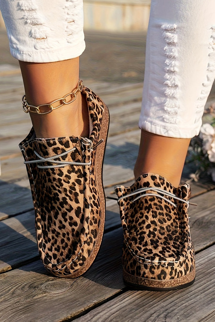 Leopard Faux Suede Lace-up Decor Slip On Shoes