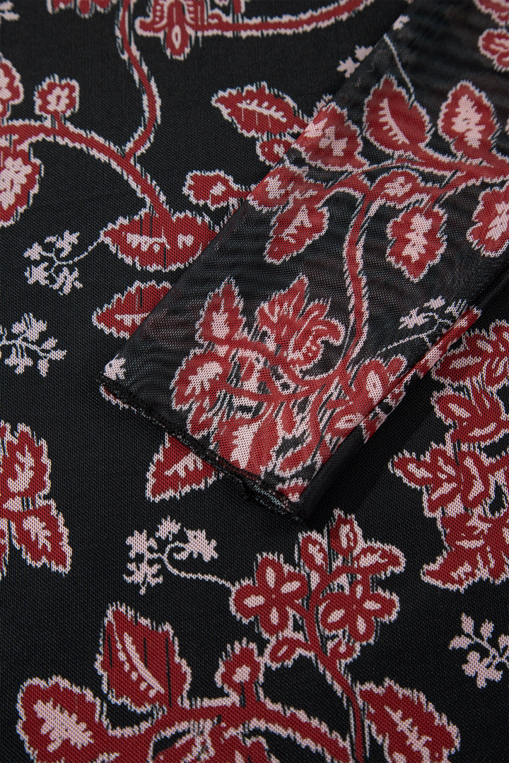 Black Retro Floral Print Long Sleeve Mesh Maxi Dress