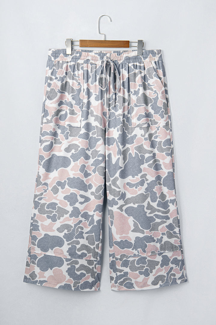 Khaki Camouflage Print Ankle-Length Plus Size Pants