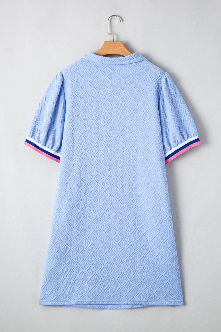 Beau Blue Contrast Striped Trim Zipped Stand Collar Plus Size T Shirt Dress