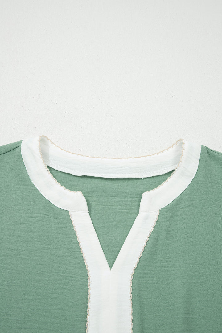 Smoke Green Color Block Patchwork V Neck Embroidered Puff Sleeve Babydoll Blouse