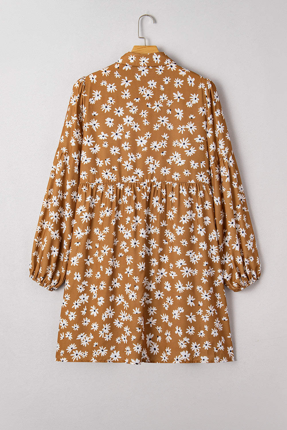 Khaki Daisy Floral Print Button Split Neck Puff Sleeve  Plus Size Dress