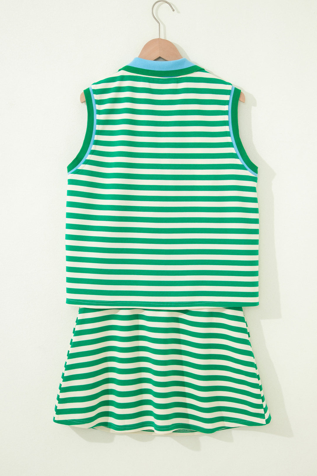 Bright Green Textured Stripe Print Zip Collar Sleeveless 2pcs Skort Set