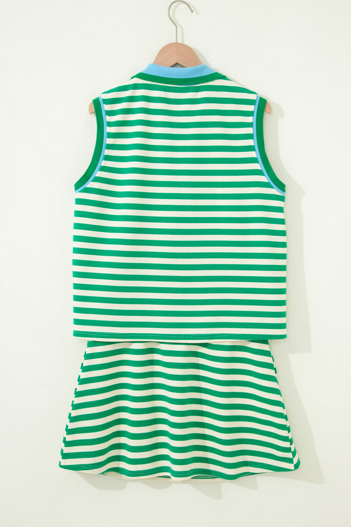 Bright Green Textured Stripe Print Zip Collar Sleeveless 2pcs Skort Set