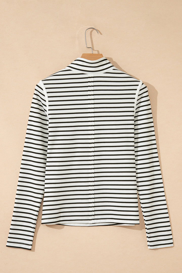 Ribbed Knit Half Button Long Sleeve Slim Top