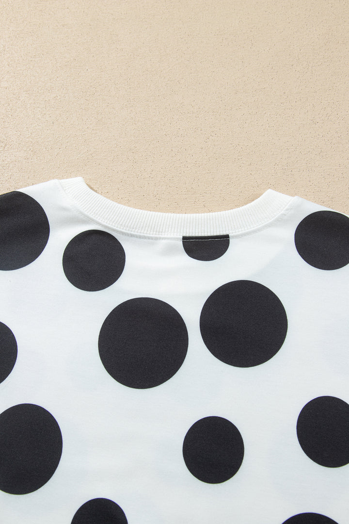 White Polka Dot Long Sleeve Top Drawstring Relaxed Pants Set