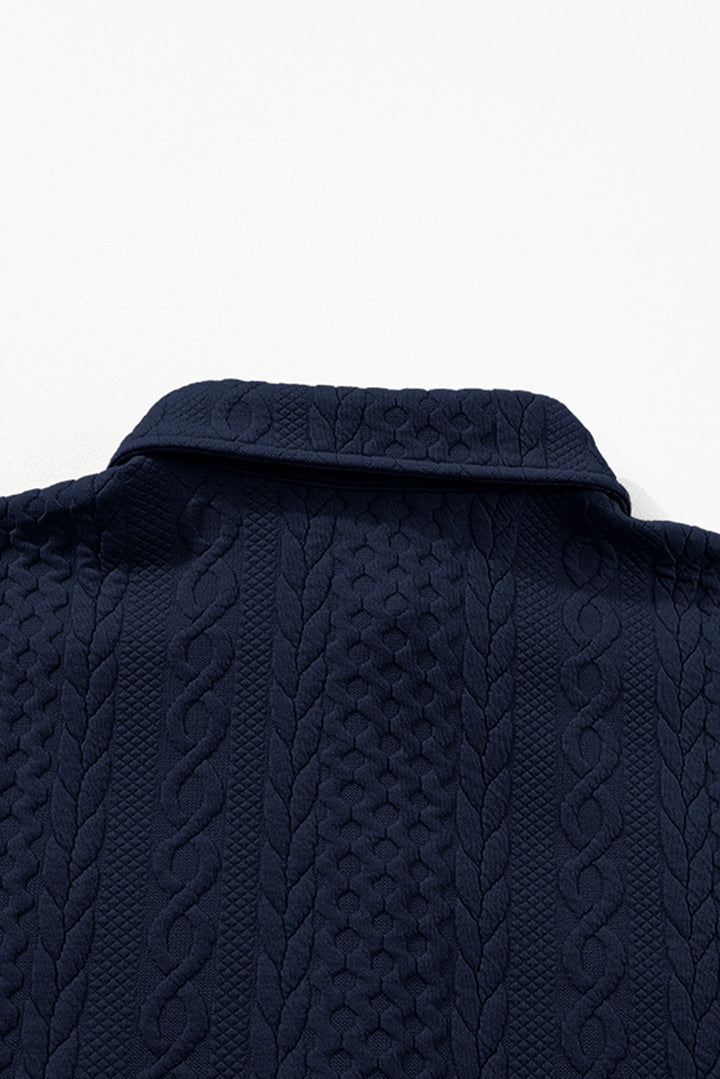 Navy Blue Cable Texture Puff Sleeve Loose Shacket