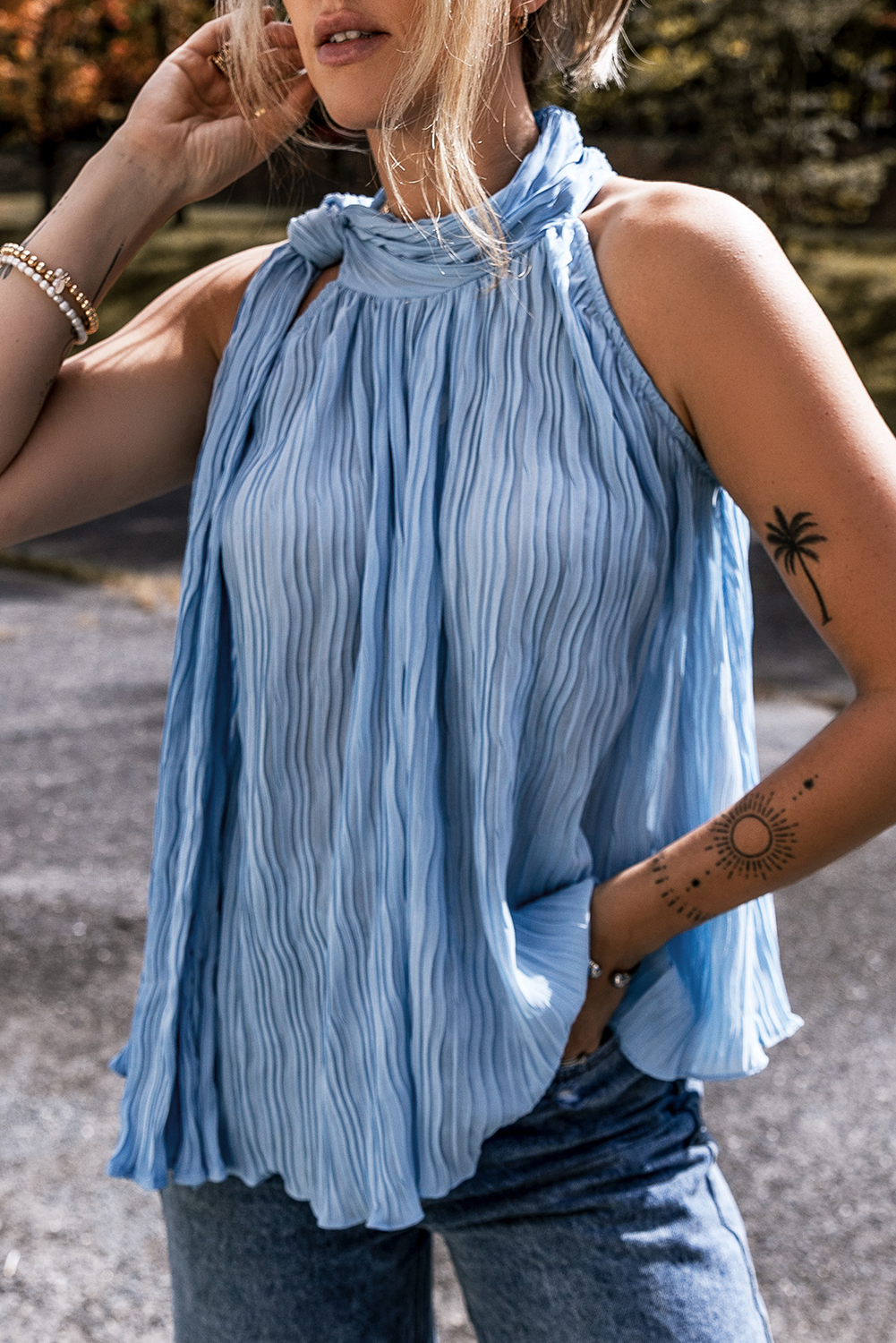 textured pleated tied mock neck flowy tank top