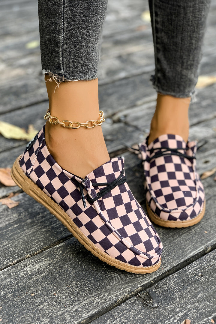 Checkered Print PU Leather Lace Up Detail Flat Shoes