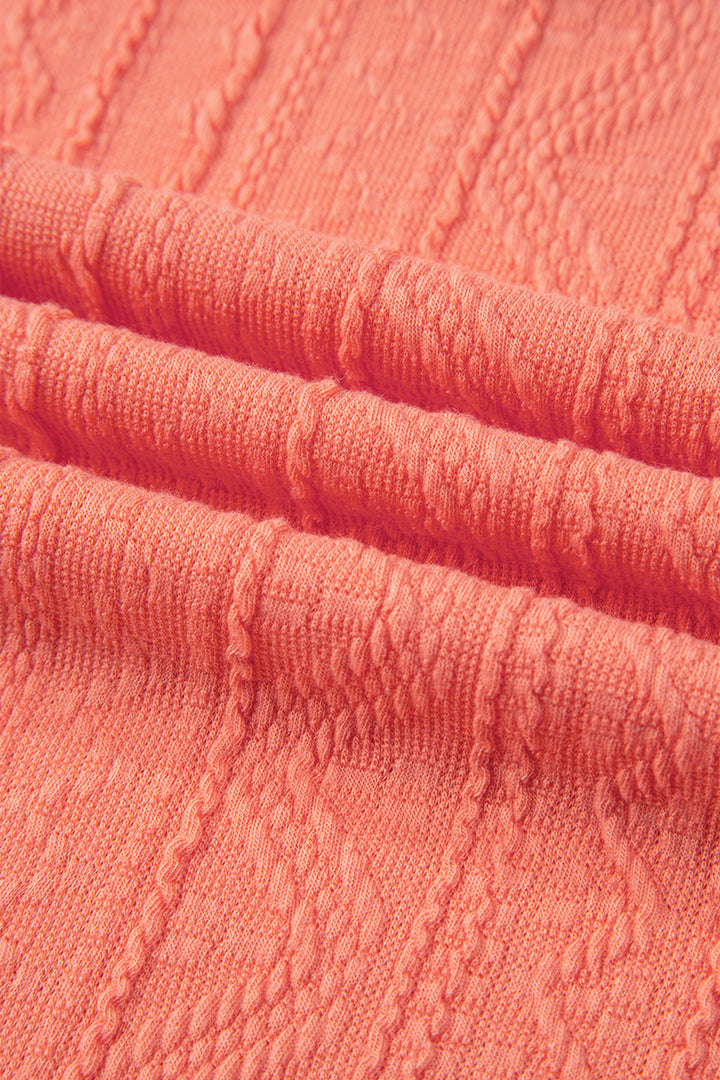 Grapefruit Orange Crochet Floral Accent V Neck Textured Pants Set