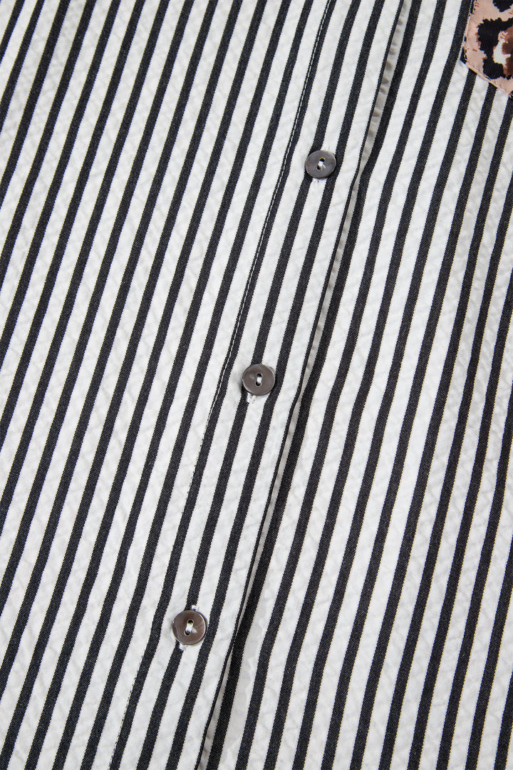 Black Striped Leopard Print Patchwork Button Up Womens Shirt
