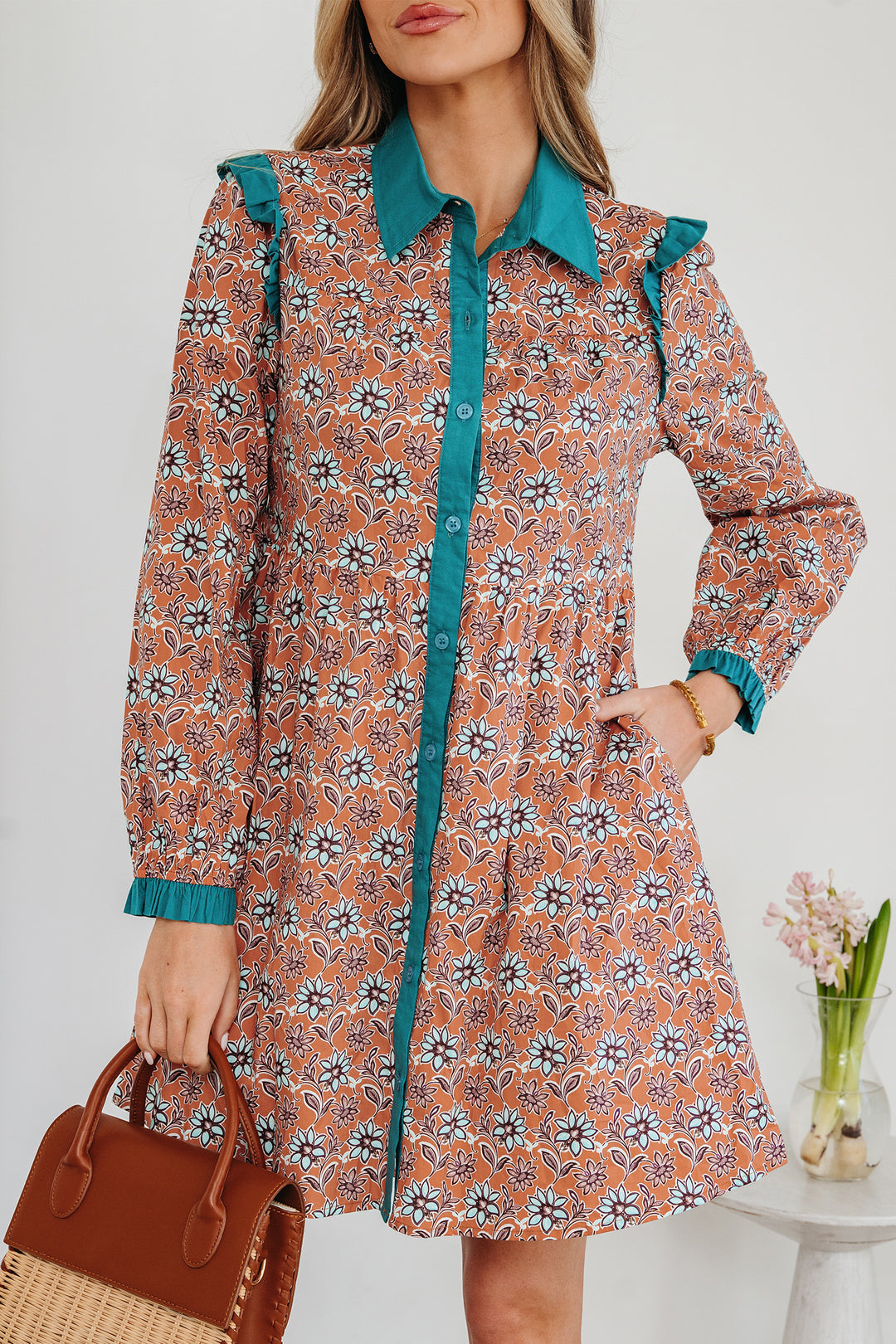 Boho Floral Contrast Collared Shirt Mini Dress