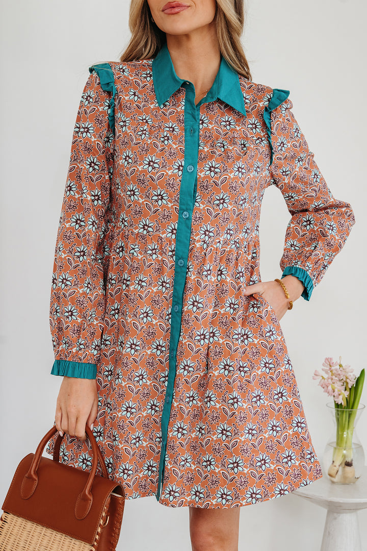 Boho Floral Contrast Collared Shirt Mini Dress